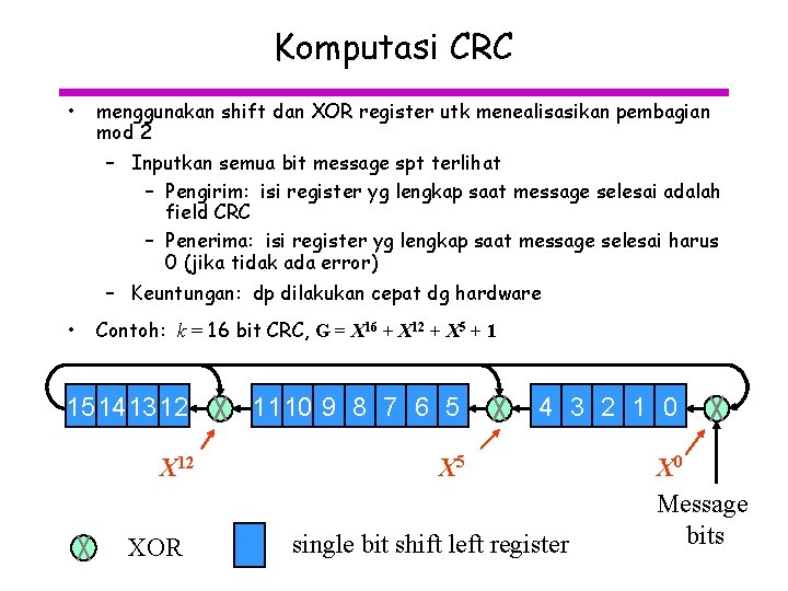 Komputasi CRC • menggunakan shift dan XOR register utk menealisasikan pembagian mod 2 –