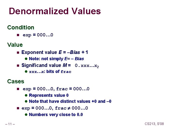 Denormalized Values Condition n exp = 000… 0 Value n Exponent value E =