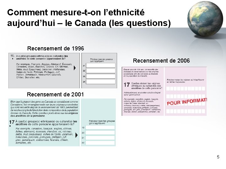 Comment mesure-t-on l’ethnicité aujourd’hui – le Canada (les questions) Recensement de 1996 Recensement de