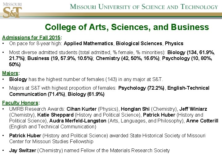 College of Arts, Sciences, and Business Admissions for Fall 2015: • On pace for