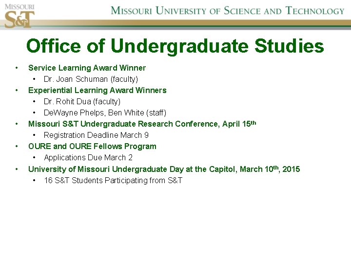 Office of Undergraduate Studies • • • Service Learning Award Winner • Dr. Joan