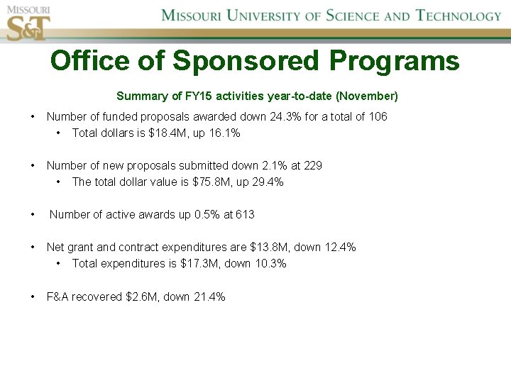 Office of Sponsored Programs Summary of FY 15 activities year-to-date (November) • Number of