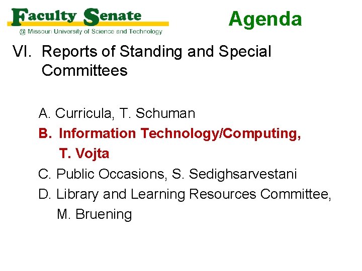 Agenda VI. Reports of Standing and Special Committees A. Curricula, T. Schuman B. Information