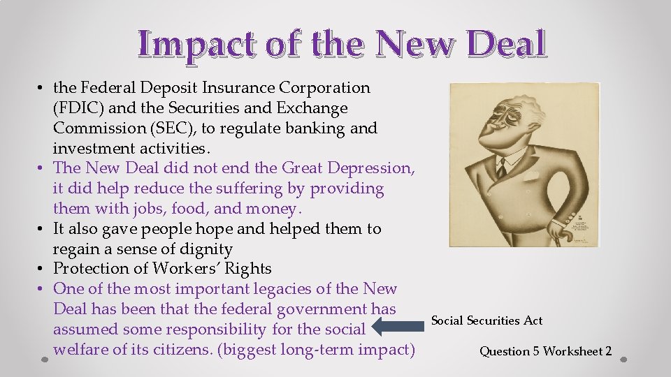 Impact of the New Deal • the Federal Deposit Insurance Corporation (FDIC) and the