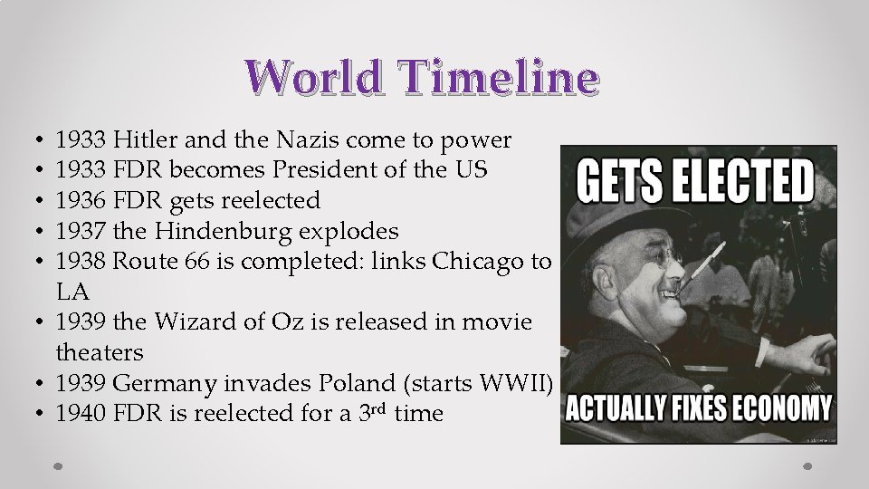 World Timeline 1933 Hitler and the Nazis come to power 1933 FDR becomes President