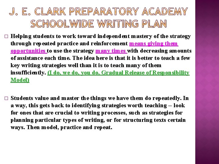SCHOOLWIDE WRITING PLAN � Helping students to work toward independent mastery of the strategy