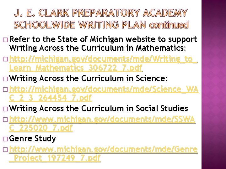 J. E. CLARK PREPARATORY ACADEMY SCHOOLWIDE WRITING PLAN continued � Refer to the State