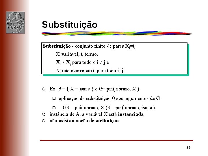 Substituição - conjunto finito de pares Xi=ti Xi variável, ti termo, Xi Xj para