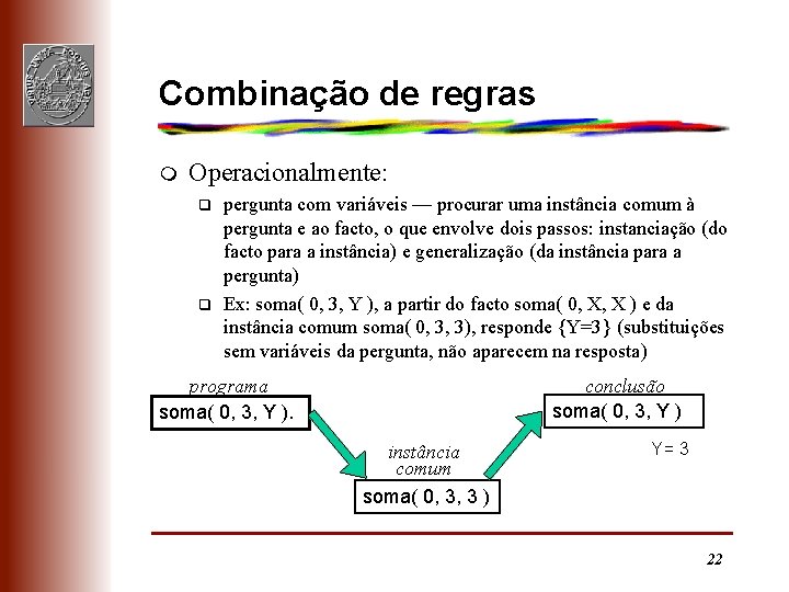 Combinação de regras m Operacionalmente: q q pergunta com variáveis — procurar uma instância