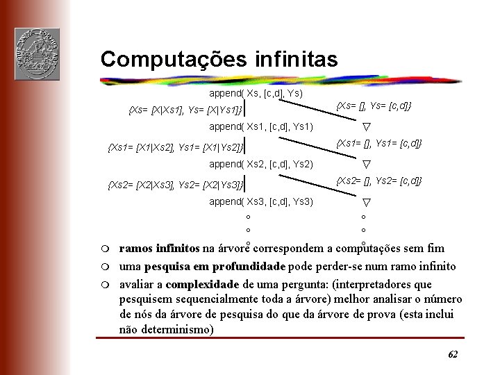 Computações infinitas append( Xs, [c, d], Ys) {Xs= [X|Xs 1], Ys= [X|Ys 1]} append(
