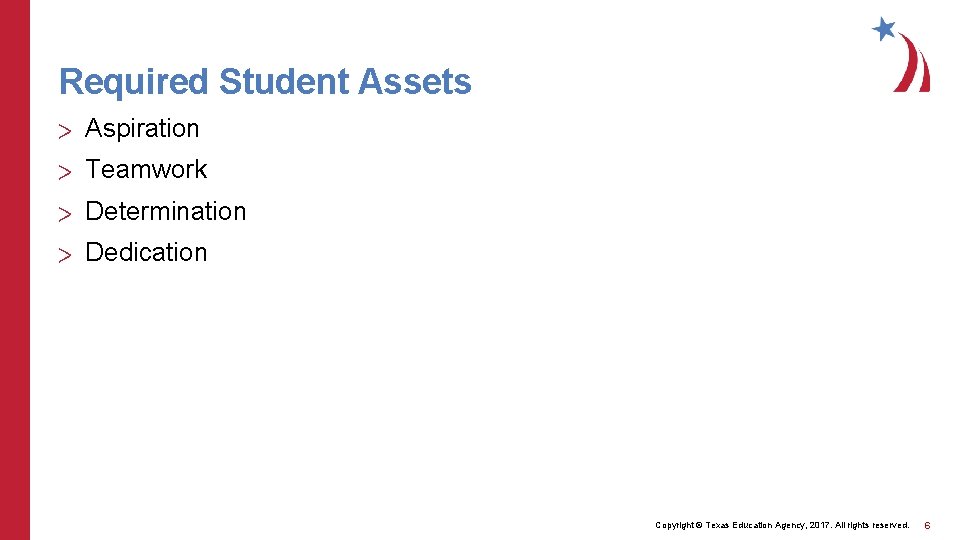 Required Student Assets > Aspiration > Teamwork > Determination > Dedication Copyright © Texas