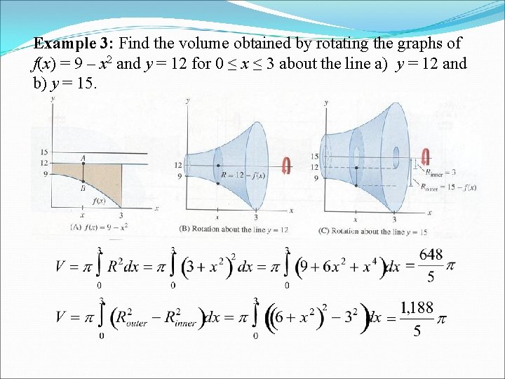 Example 3: Find the volume obtained by rotating the graphs of f(x) = 9 Example 3: Find the volume obtained by rotating the graphs of f(x) = 9