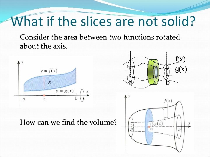 What if the slices are not solid? Consider the area between two functions rotated What if the slices are not solid? Consider the area between two functions rotated