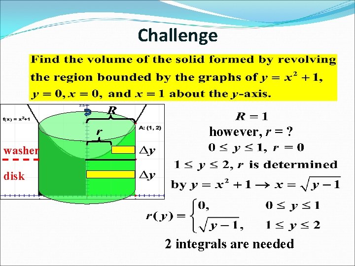 Challenge however, r = ? washer disk 2 integrals are needed Challenge however, r = ? washer disk 2 integrals are needed