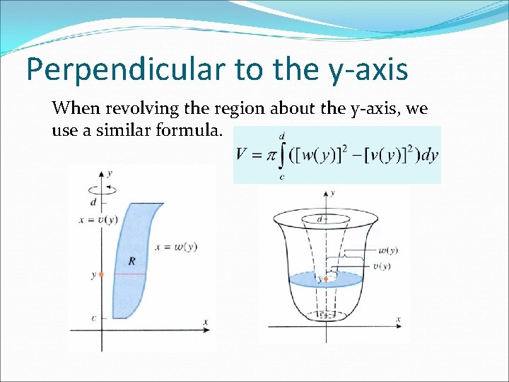 Perpendicular to the y-axis When revolving the region about the y-axis, we use a Perpendicular to the y-axis When revolving the region about the y-axis, we use a