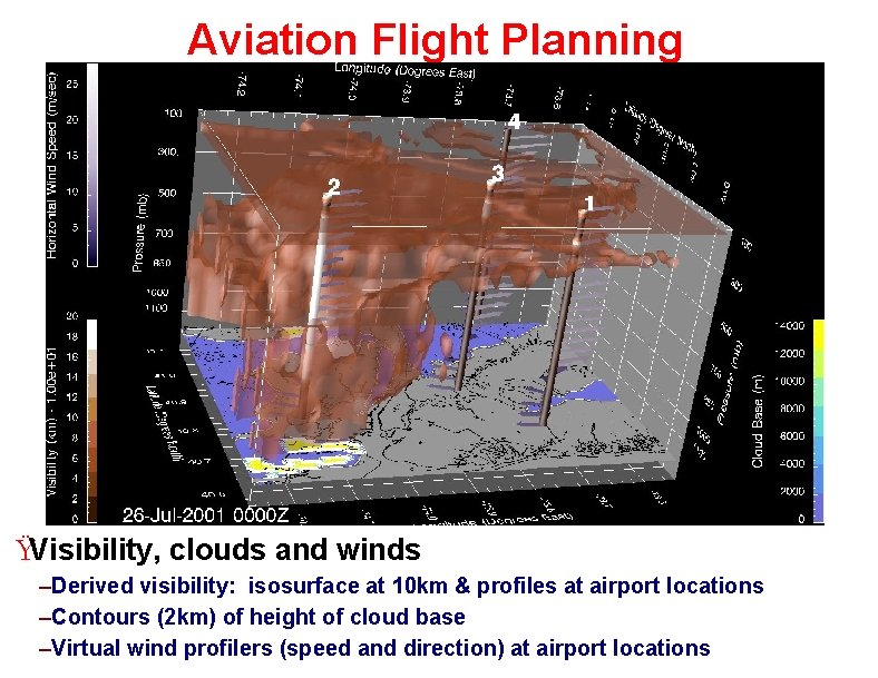 Aviation Flight Planning ŸVisibility, clouds and winds –Derived visibility: isosurface at 10 km &