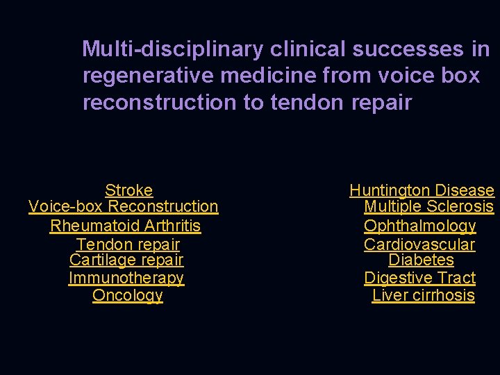 Multi-disciplinary clinical successes in regenerative medicine from voice box reconstruction to tendon repair Stroke