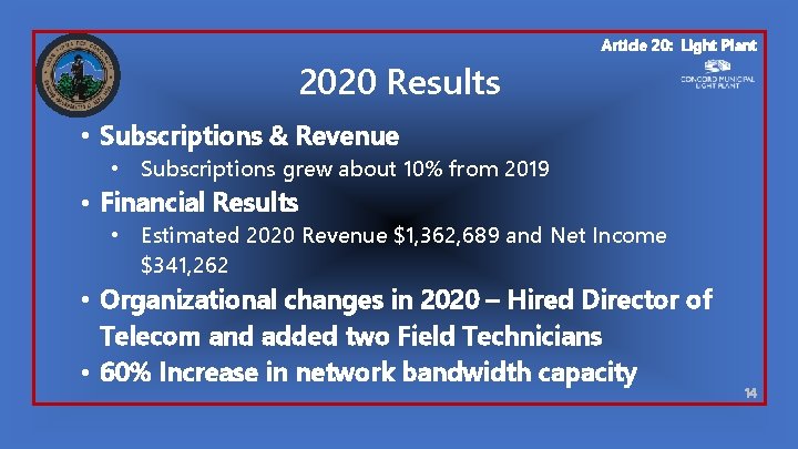 Article 20: Light Plant 2020 Results • Subscriptions & Revenue • Subscriptions grew about