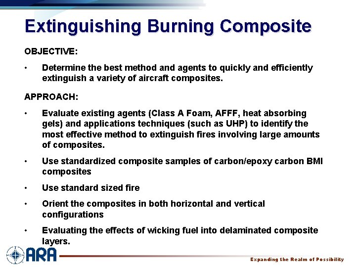 Extinguishing Burning Composite OBJECTIVE: • Determine the best method and agents to quickly and