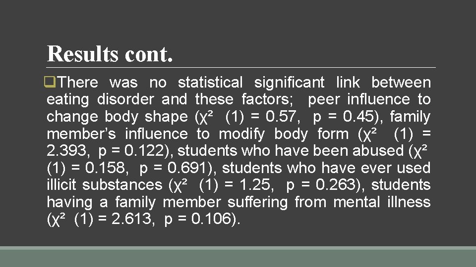 Results cont. q. There was no statistical significant link between eating disorder and these