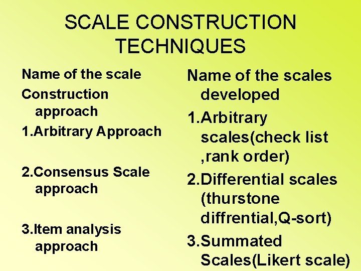 SCALE CONSTRUCTION TECHNIQUES Name of the scale Construction approach 1. Arbitrary Approach 2. Consensus