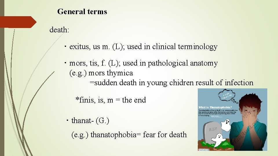 General terms death: ・exitus, us m. (L); used in clinical terminology ・mors, tis, f.