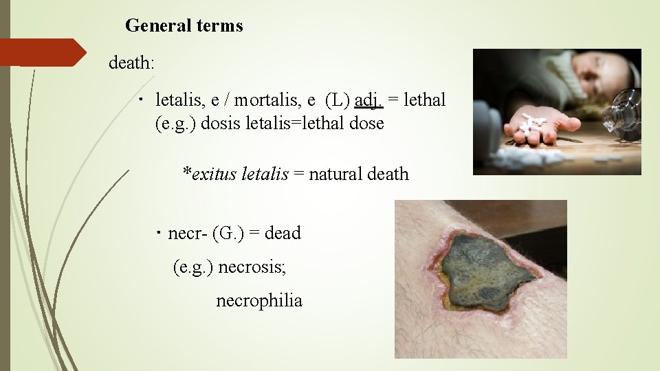General terms death: ・ letalis, e / mortalis, e (L) adj. = lethal (e.