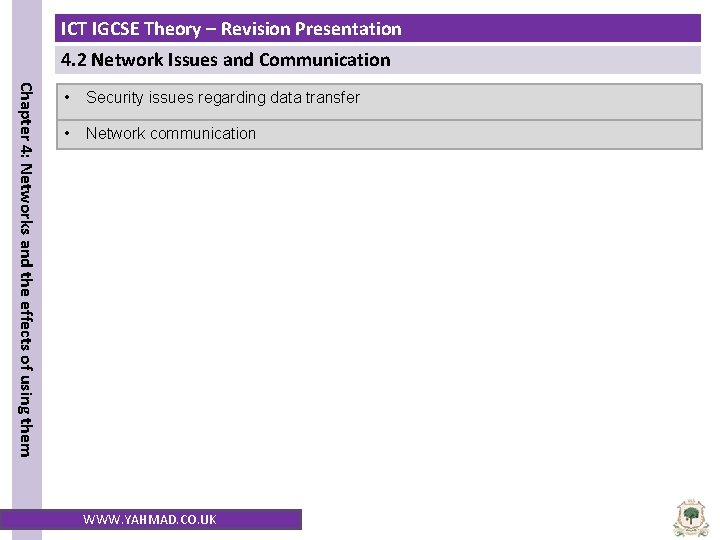 ICT IGCSE Theory – Revision Presentation 4. 2 Network Issues and Communication Chapter 4: