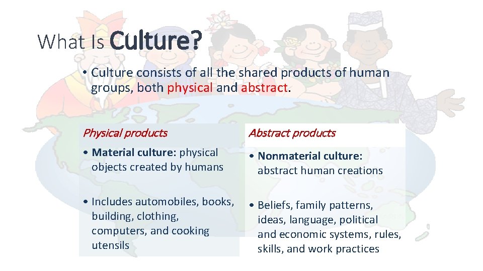 What Is Culture? • Culture consists of all the shared products of human groups,
