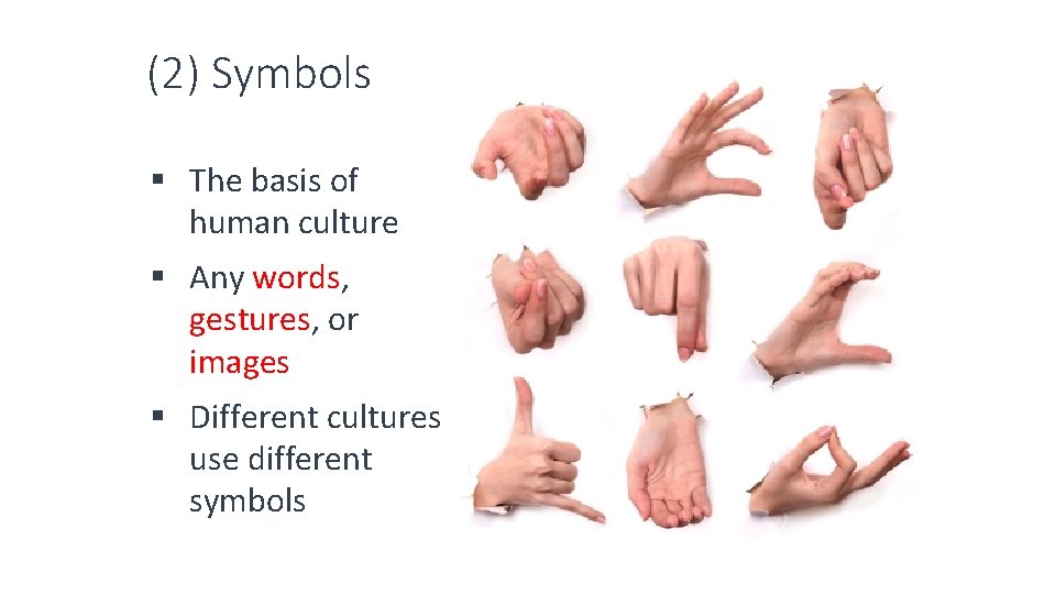 (2) Symbols § The basis of human culture § Any words, gestures, or images