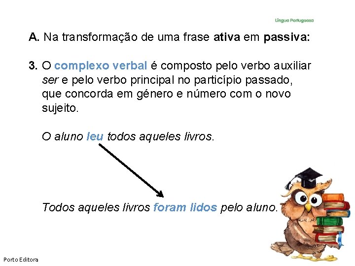 A. Na transformação de uma frase ativa em passiva: 3. O complexo verbal é