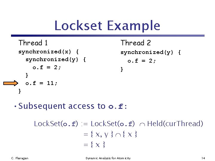 Lockset Example Thread 1 Thread 2 synchronized(x) { synchronized(y) { o. f = 2;