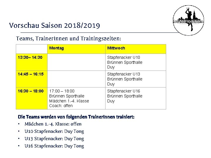 Vorschau Saison 2018/2019 Teams, Trainer. Innen und Trainingszeiten: Montag Mittwoch 13: 30– 14: 30