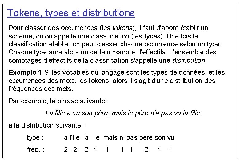 Tokens, types et distributions Pour classer des occurrences (les tokens), il faut d'abord établir