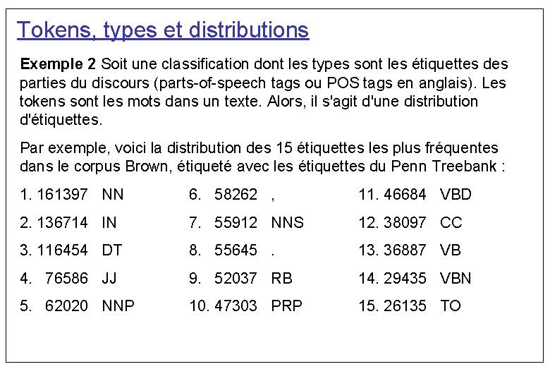 Tokens, types et distributions Exemple 2 Soit une classification dont les types sont les