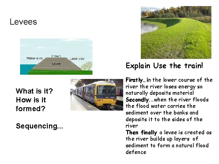 Levees Explain Use the train! What is it? How is it formed? Sequencing. .