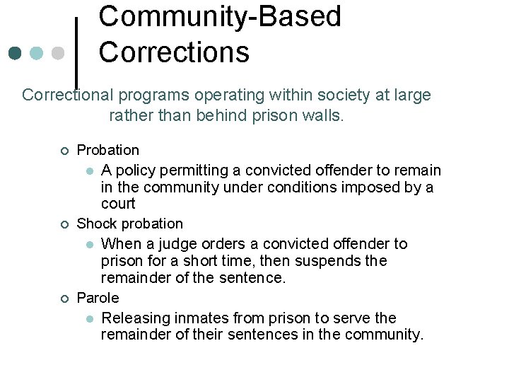 Community-Based Corrections Correctional programs operating within society at large rather than behind prison walls. Community-Based Corrections Correctional programs operating within society at large rather than behind prison walls.