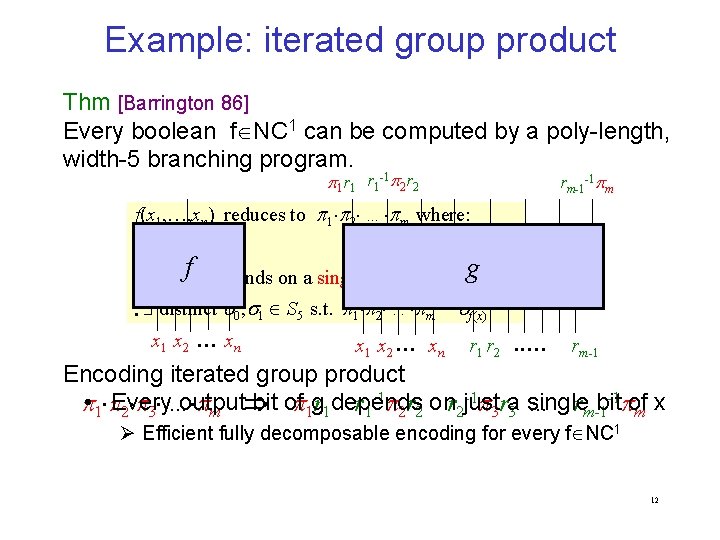 Example: iterated group product Thm [Barrington 86] Every boolean f NC 1 can be