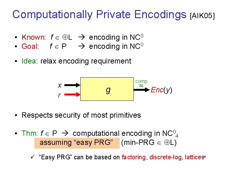 Computationally Private Encodings [AIK 05] • Known: f L encoding in NC 0 •