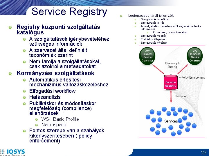 Service Registry központi szolgáltatás katalógus A szolgáltatások igénybevételéhez szükséges információk A szervezet által definiált