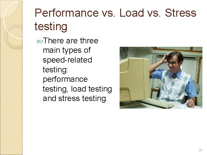Performance vs. Load vs. Stress testing There are three main types of speed-related testing: