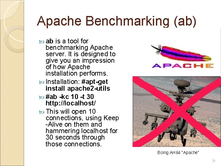 Apache Benchmarking (ab) ab is a tool for benchmarking Apache server. It is designed