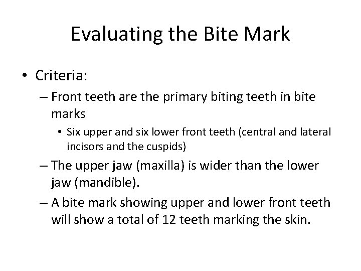 Evaluating the Bite Mark • Criteria: – Front teeth are the primary biting teeth