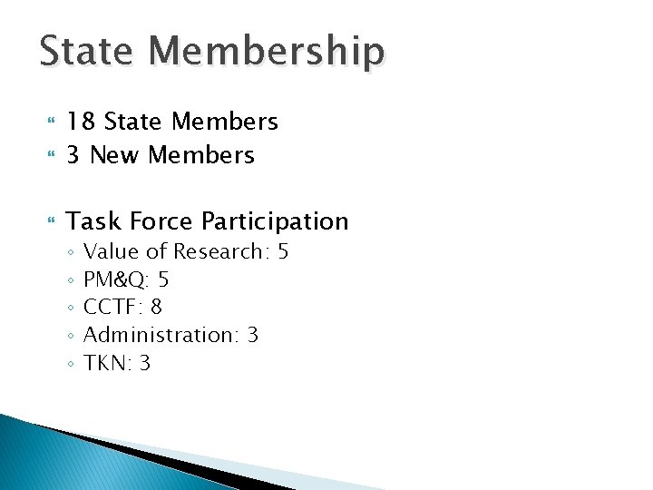 State Membership 18 State Members 3 New Members Task Force Participation ◦ ◦ ◦