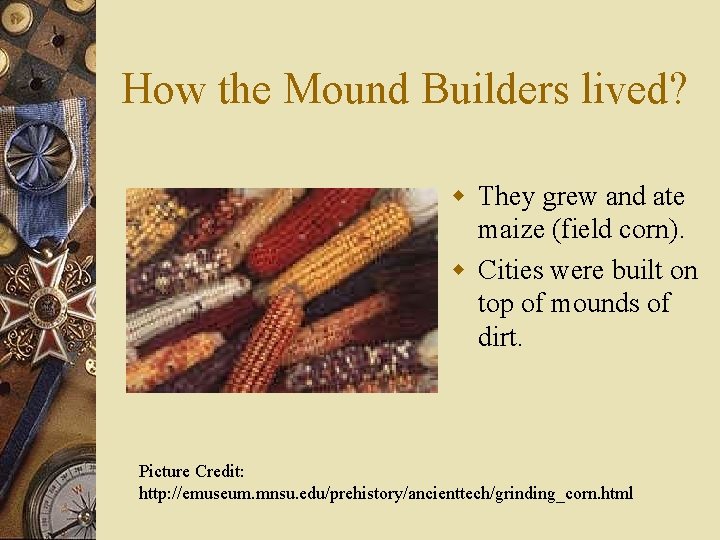 How the Mound Builders lived? w They grew and ate maize (field corn). w
