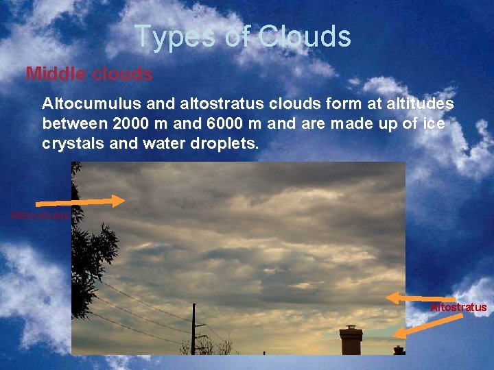 Types of Clouds Middle clouds Altocumulus and altostratus clouds form at altitudes between 2000 Types of Clouds Middle clouds Altocumulus and altostratus clouds form at altitudes between 2000