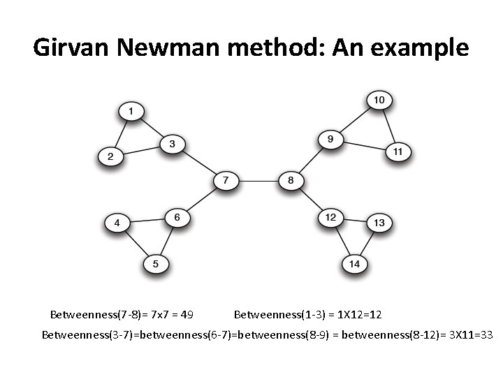 Girvan Newman method: An example Betweenness(7 -8)= 7 x 7 = 49 Betweenness(1 -3)