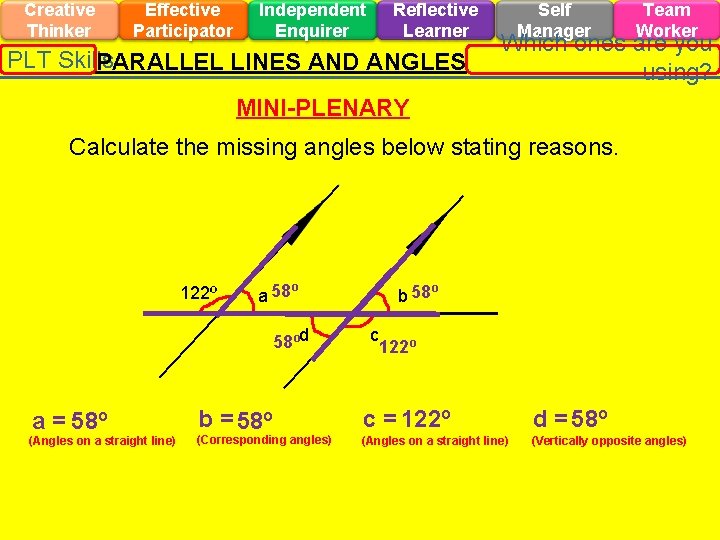 Creative Thinker Effective Participator Independent Enquirer Reflective Learner PLT Skills PARALLEL LINES AND ANGLES