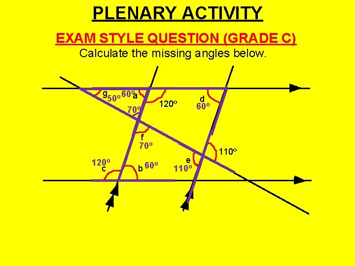 PLENARY ACTIVITY EXAM STYLE QUESTION (GRADE C) Calculate the missing angles below. g 60º