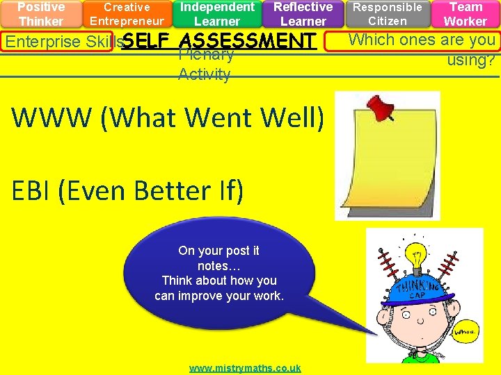 Positive Thinker Creative Entrepreneur Independent Learner Reflective Learner Enterprise Skills. SELF ASSESSMENT Plenary Activity